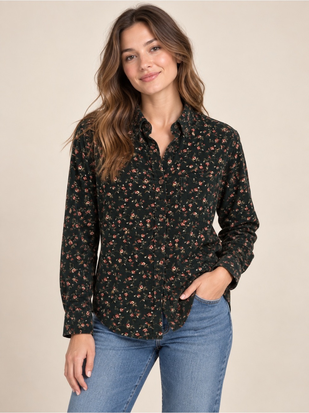 Old Navy Everyday Shirt Women’s M Forest Green Floral Corduroy Button Down
